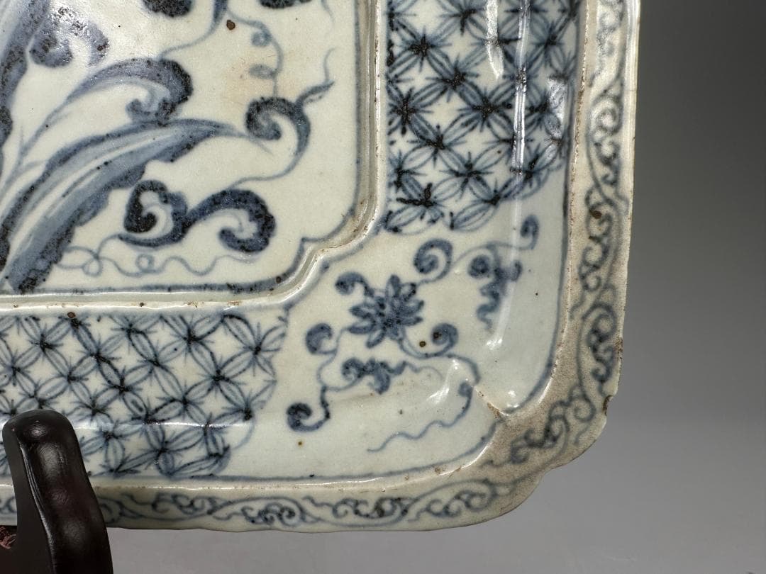 3.3-1中国美術　古越国　安南　青花鳳凰文四方盤　染付皿　時代皿　古物　唐物