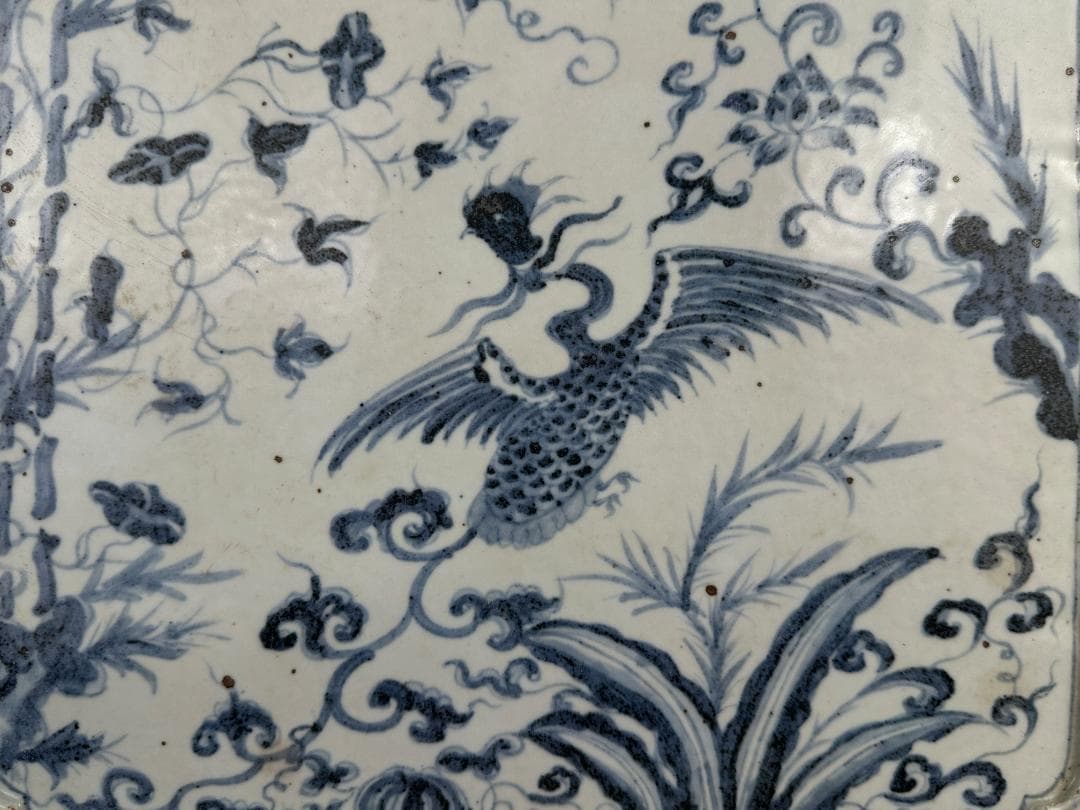 3.3-1中国美術　古越国　安南　青花鳳凰文四方盤　染付皿　時代皿　古物　唐物