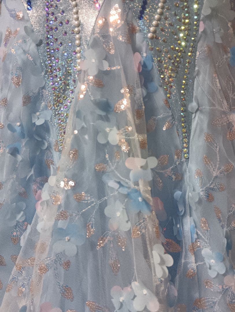 新品未使用✨立体花✨豪華 社交ダンスドレス水色ストーン 競技会、デモ、共演会、M