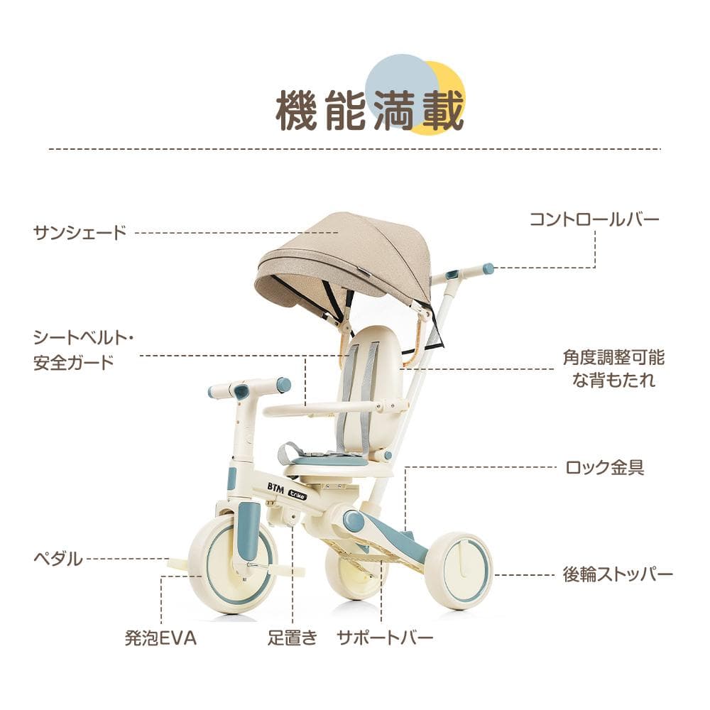 子供用三輪車 かじとり手押し棒 おしゃれ 5in1 ランニングバイク 座面回転