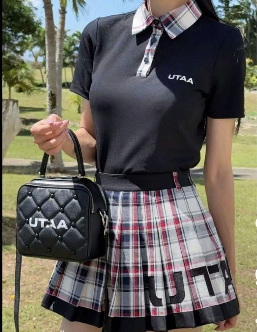 UTAA ゴルフウェア 黒/チェック柄 ポロシャツスカート2点セット レディース