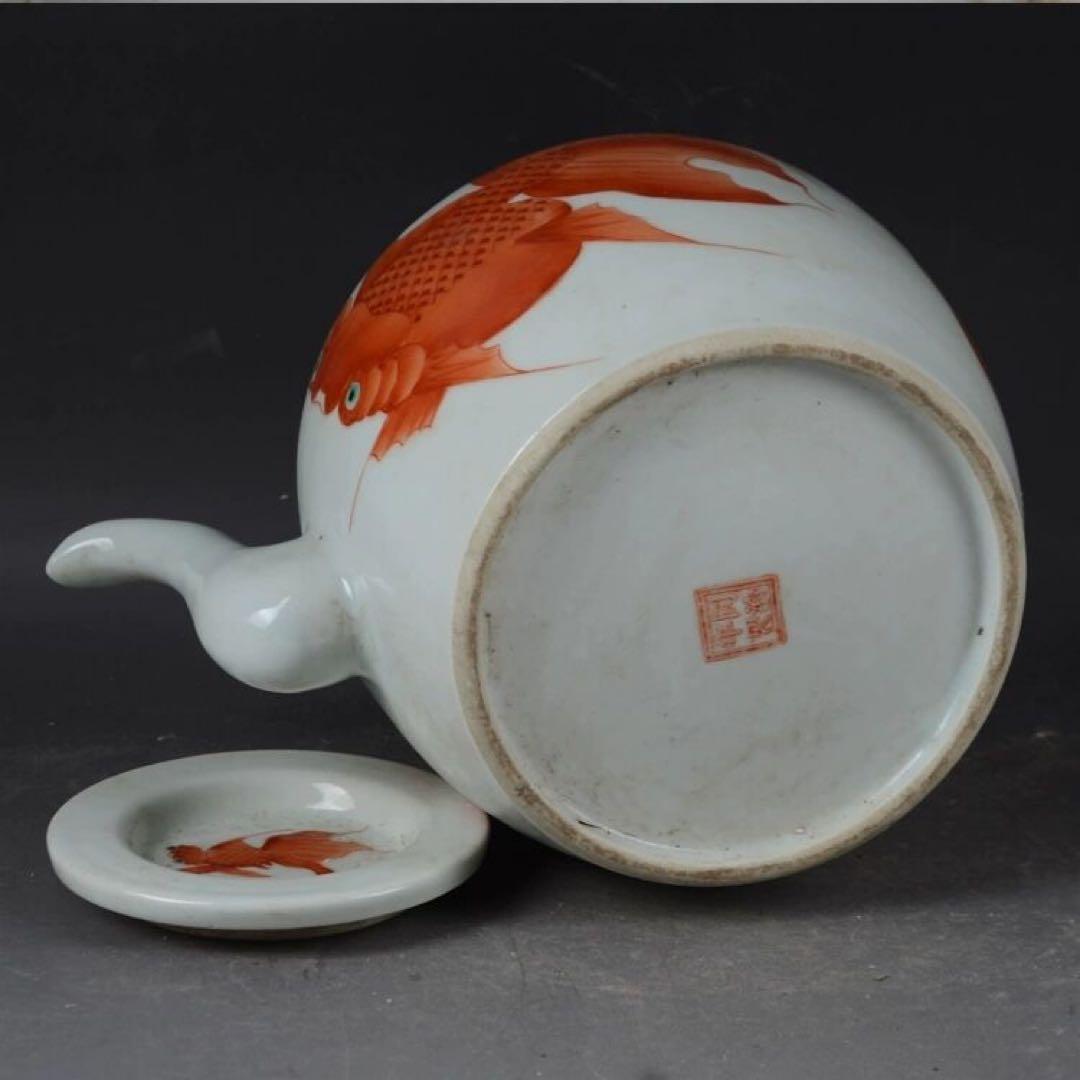景徳鎮 陶磁器 金魚紋提梁壺 茶壺 煎茶器 装飾品 置物