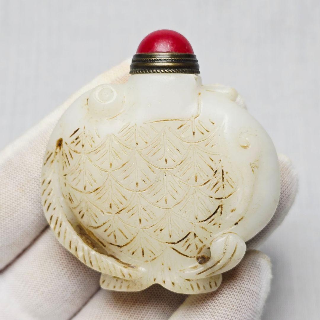 骨董品 本物和田白玉 手彫 清代人参如意紋 鼻煙壺 薬瓶 美品