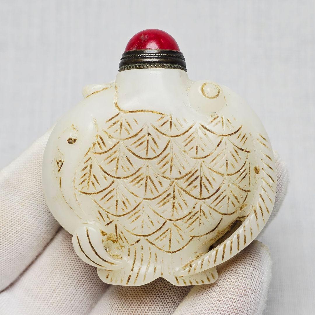 骨董品 本物和田白玉 手彫 清代人参如意紋 鼻煙壺 薬瓶 美品