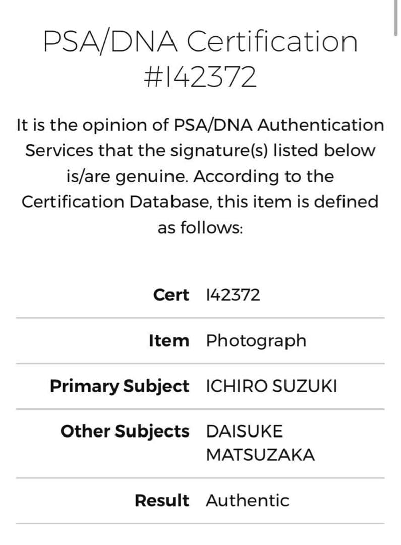 松坂大輔さん&イチローさん 直筆サイン入り写真 PSA&DNA 保証書 WBC