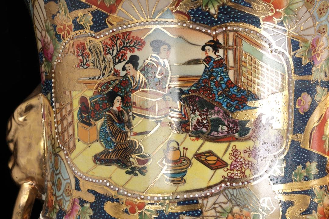 薩摩焼 金襴手 織田信長 木下藤吉郎 武将図 耳付飾壺 特大93㎝ 古美術 骨董