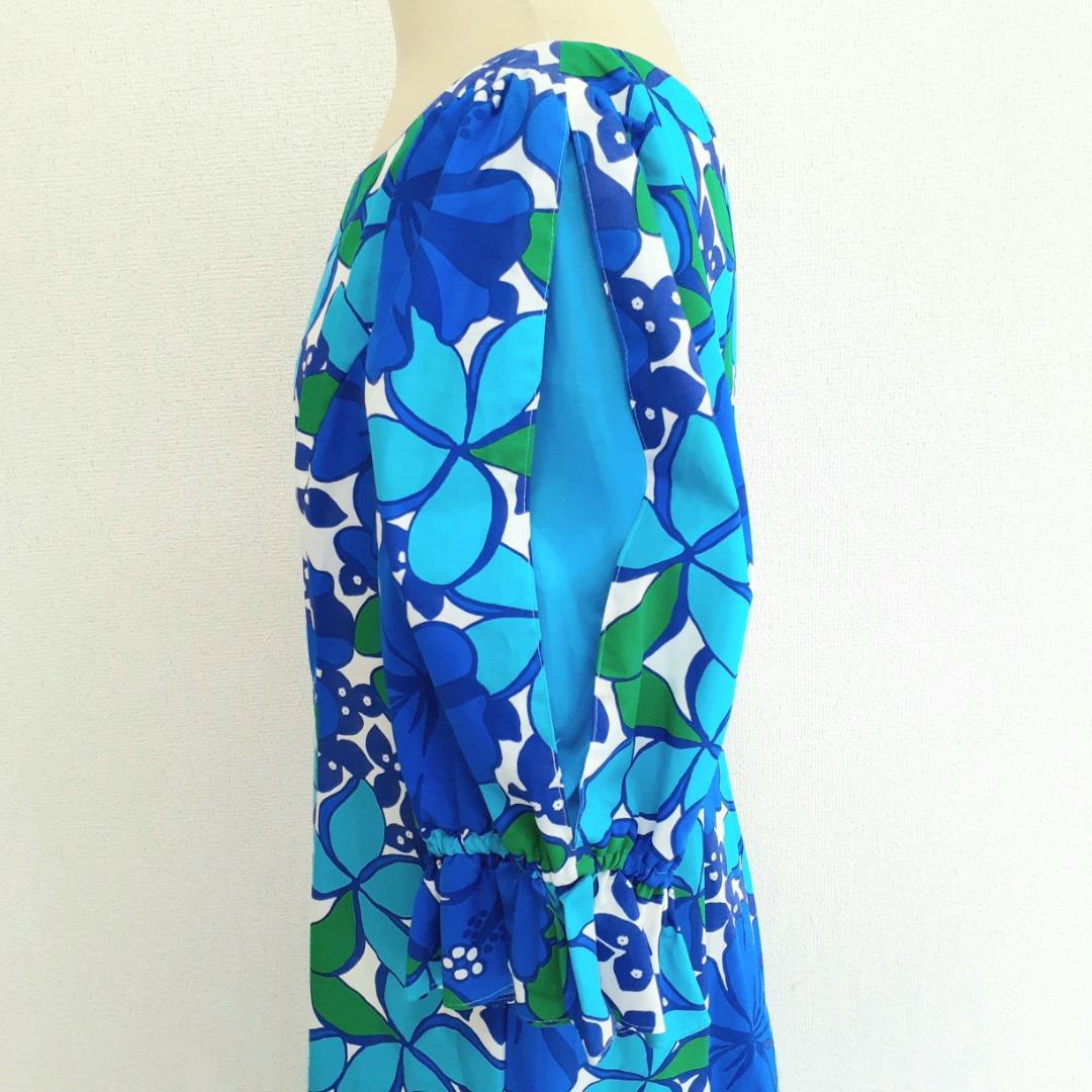 美品◎メネフネプランテーション フラダンスドレス ブルー系 青系 ハイビスカス柄