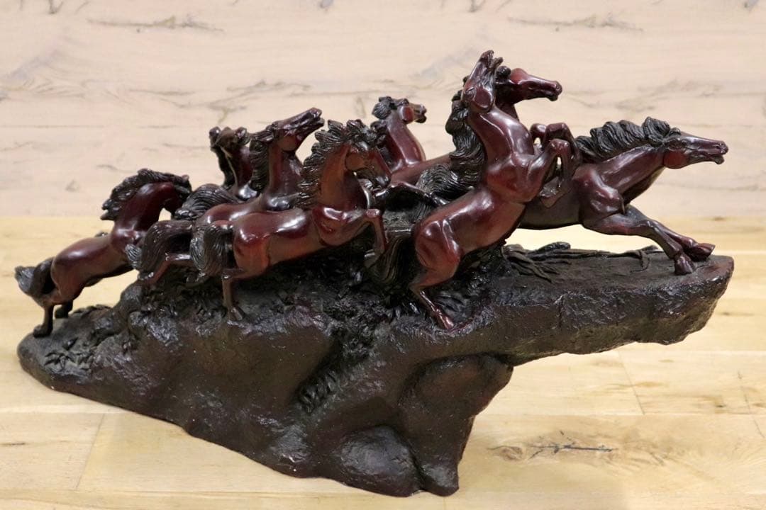 GMIH98A○九頭馬 馬の置物 縁起物 中国美術 木彫り風 樹脂製