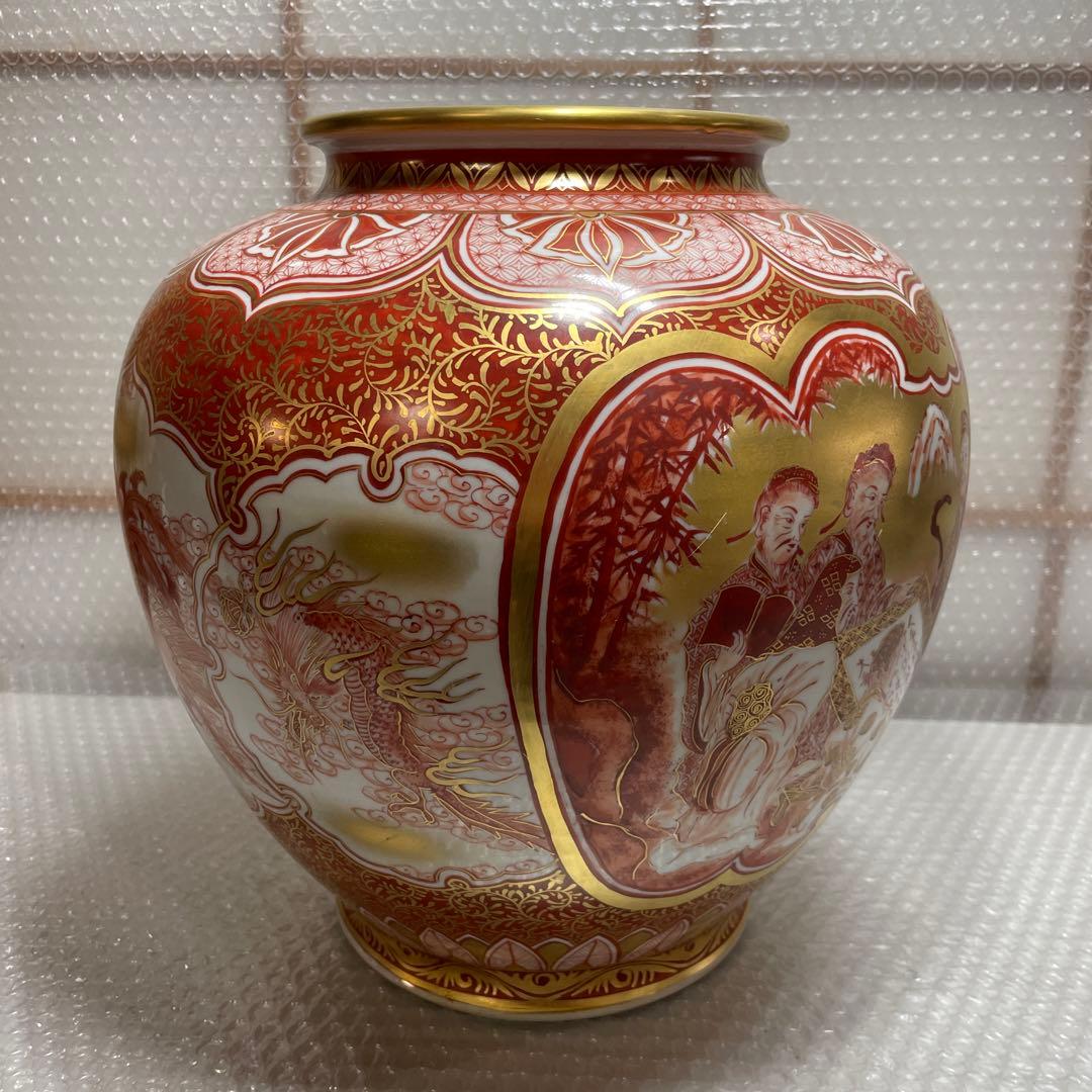 九谷焼 赤絵金彩 赤絵割取 大型 花瓶 花器 華道具