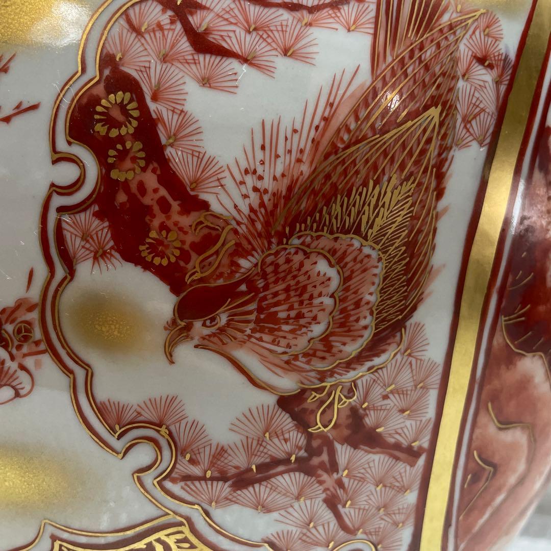 九谷焼 赤絵金彩 赤絵割取 大型 花瓶 花器 華道具