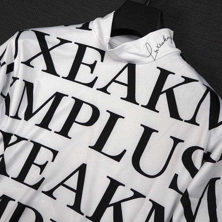 新品 リュクスエイケイエムプラス モックネック シャツ ストレッチ 総柄 M