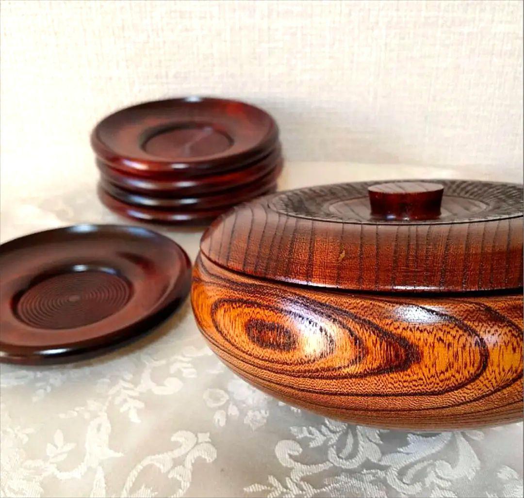 【新品】 山中漆器 高級蓋付菓子鉢茶托セット 天然木 漆塗 木製 菓子器 漆器