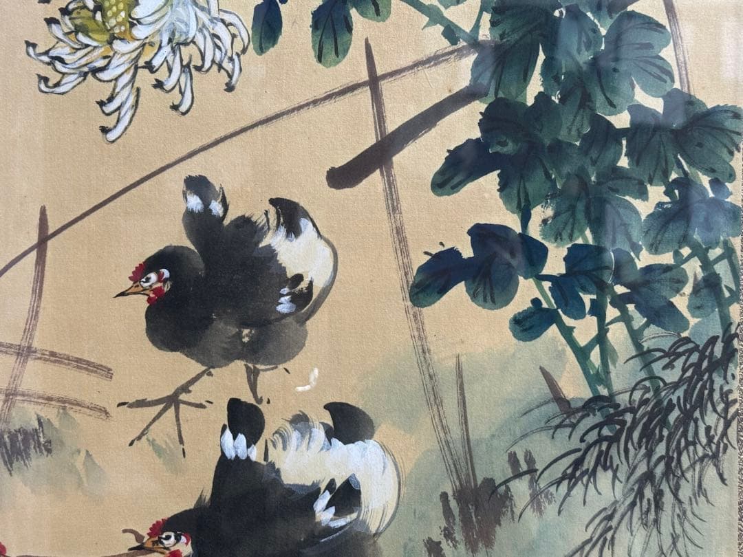 林天時筆　秋趣圖　紙本肉筆　着色水墨画　額装　送料込み260317