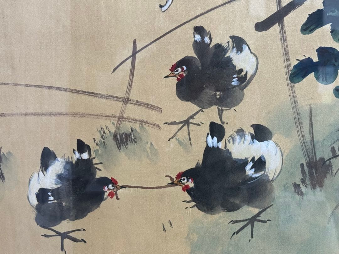 林天時筆　秋趣圖　紙本肉筆　着色水墨画　額装　送料込み260317