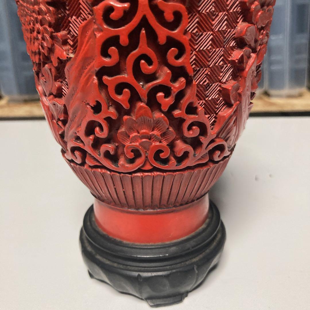 木製 花瓶 壺 銅 赤い 花模様 工芸品 木彫り 手彫り