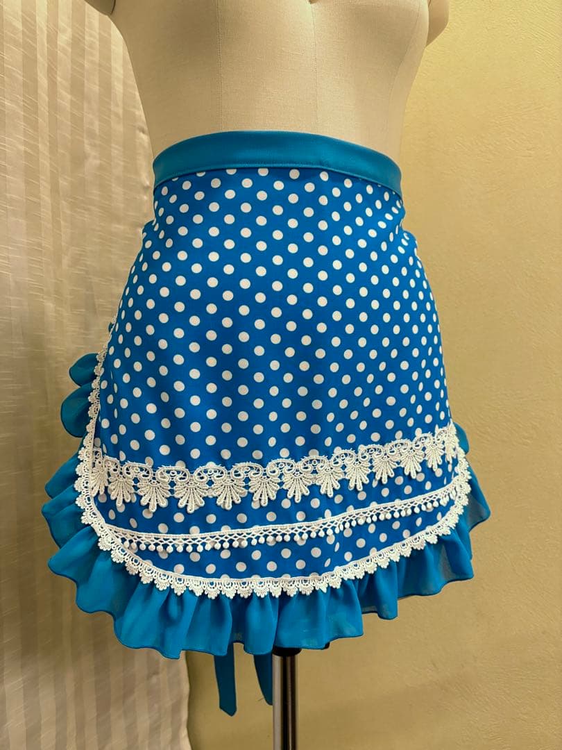 フラメンコ衣装　エプロン　セルリアンブルー白ドット　スカラップレース　発表会