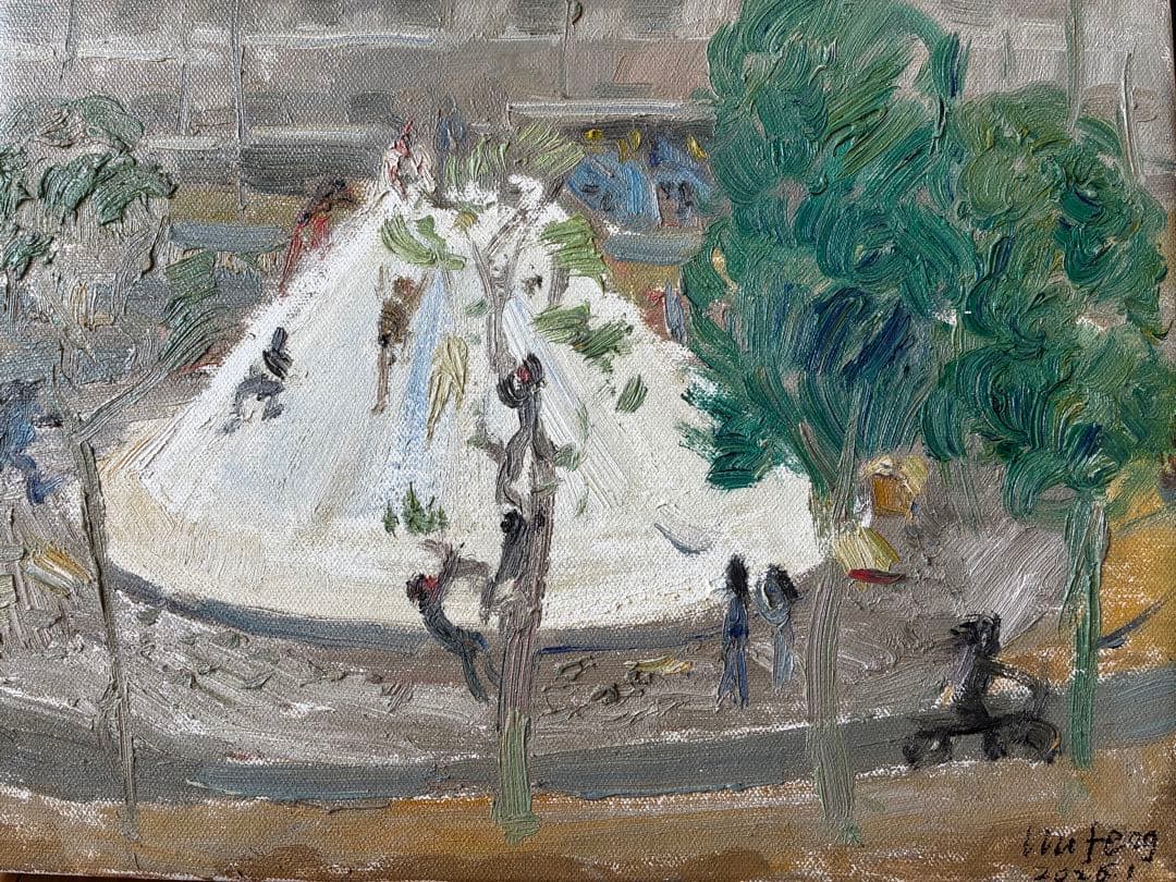 手描き油彩 公園の風景 原画 「静かな時間の風景」シリーズ