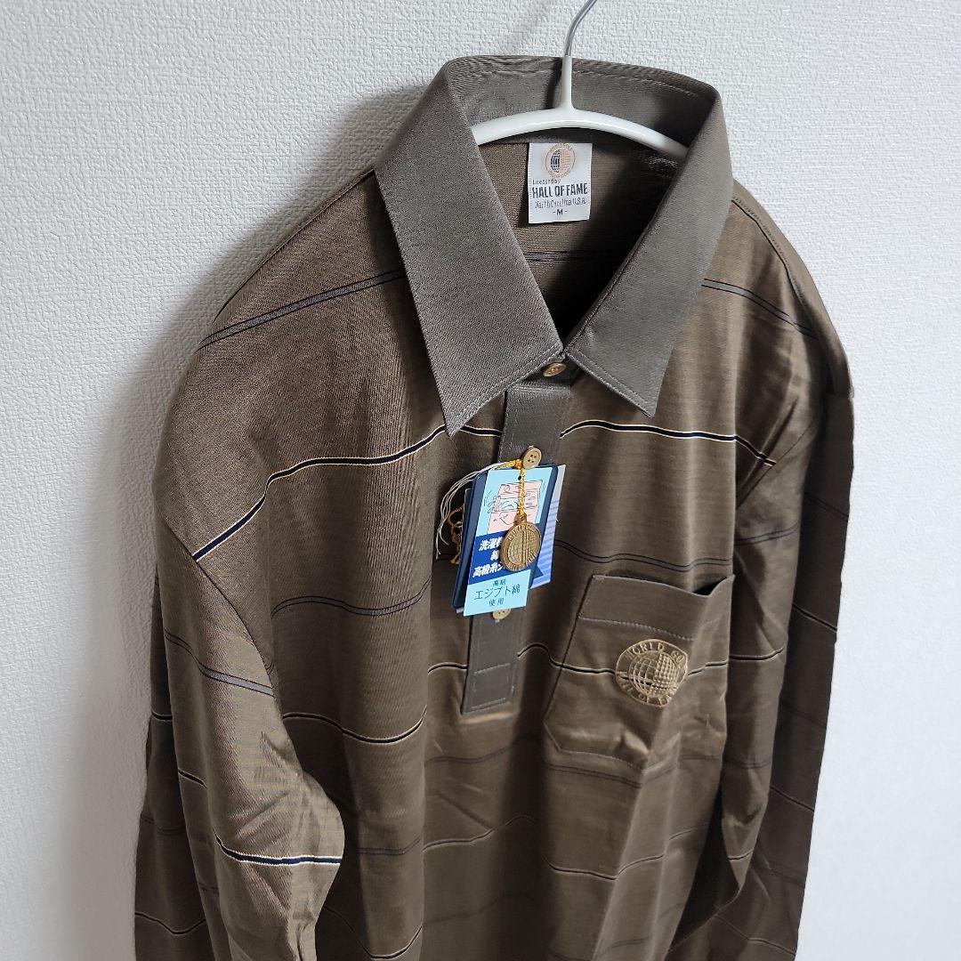 新品定価18700円 高級エジプト綿 ブラウンストライプポロシャツ Mサイズ