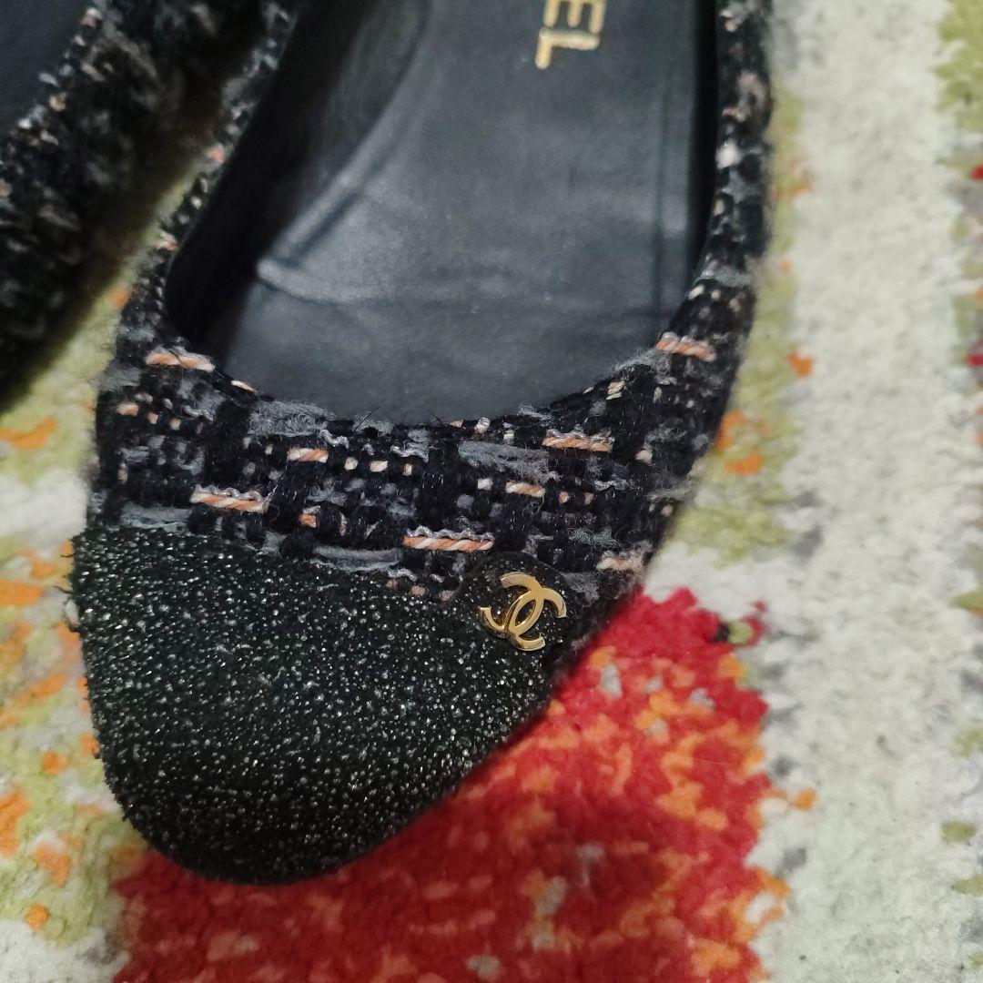 値下げCHANEL ツイード フラットシューズ 黒