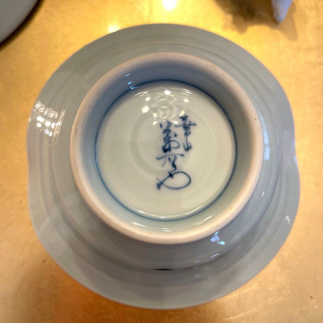 レトロ　新品　有田焼　華山窯萬右衛門　赤絵　染付花紋　手描き　蓋付き小鉢　五客