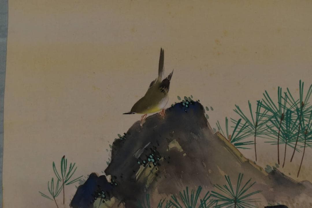【真作】土居錦谷/若松鴬図/横物/掛軸☆宝船☆Z-785