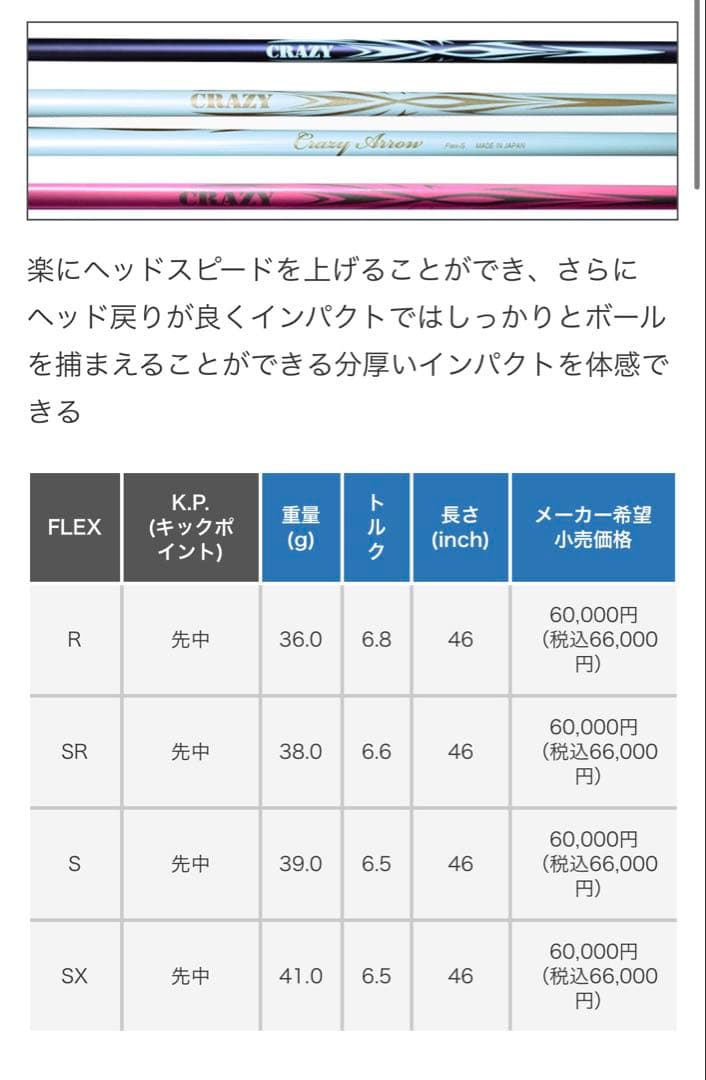 ドライバー用Crazy Arrow シャフト フレックスSX 日本製