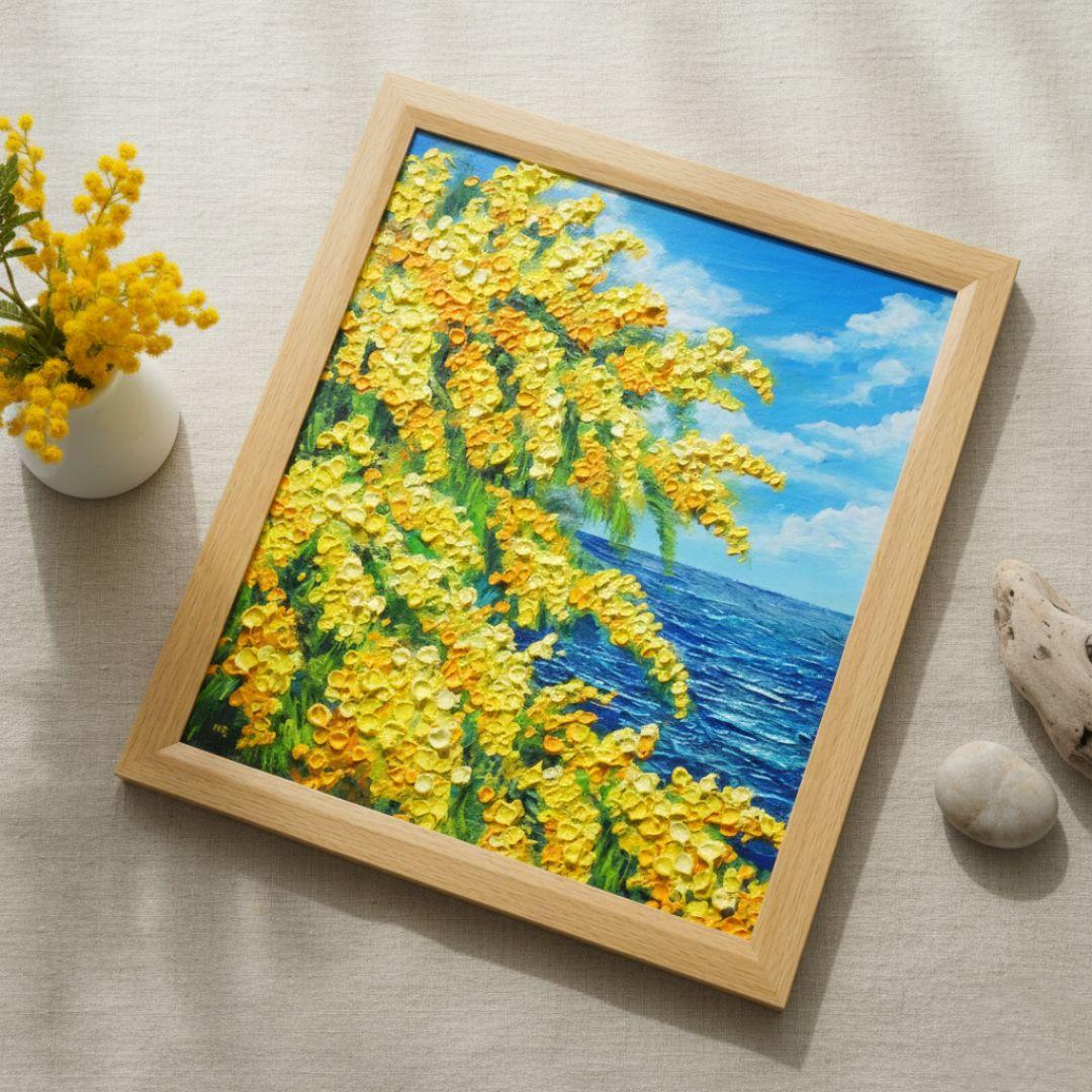 【お客】油絵 絵画【ミモザの海】原画 額縁・ラッピング付 春の風景画