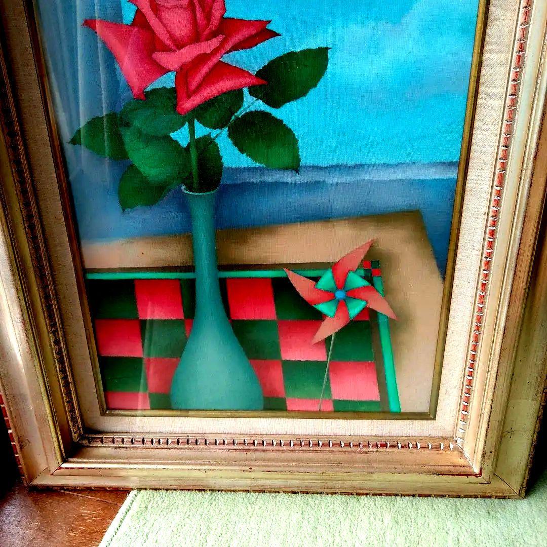 油絵．陽春・岩崎行雄画・額は少々傷み有写真を良く見てお求め下さい黄袋、タトウ入り