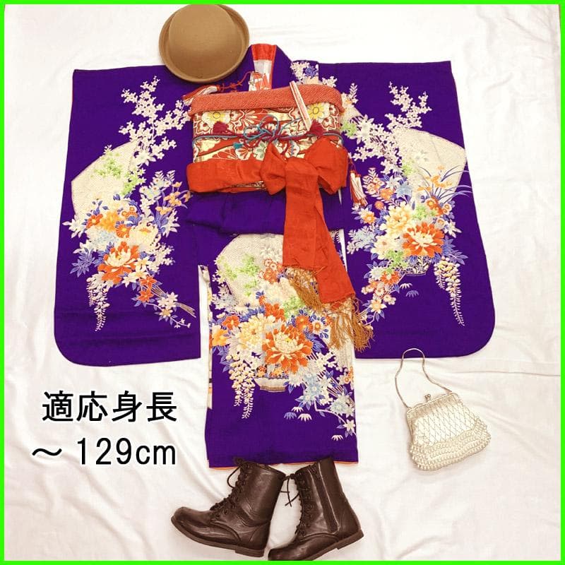 511ag20■七五三 七歳 女児 着物&丸帯 藤 牡丹 青紫■美品