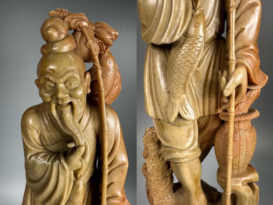 中国美術　文革時代　 寿山石漁夫の利彫人形　 古玩　置物　鑑賞　美品無傷