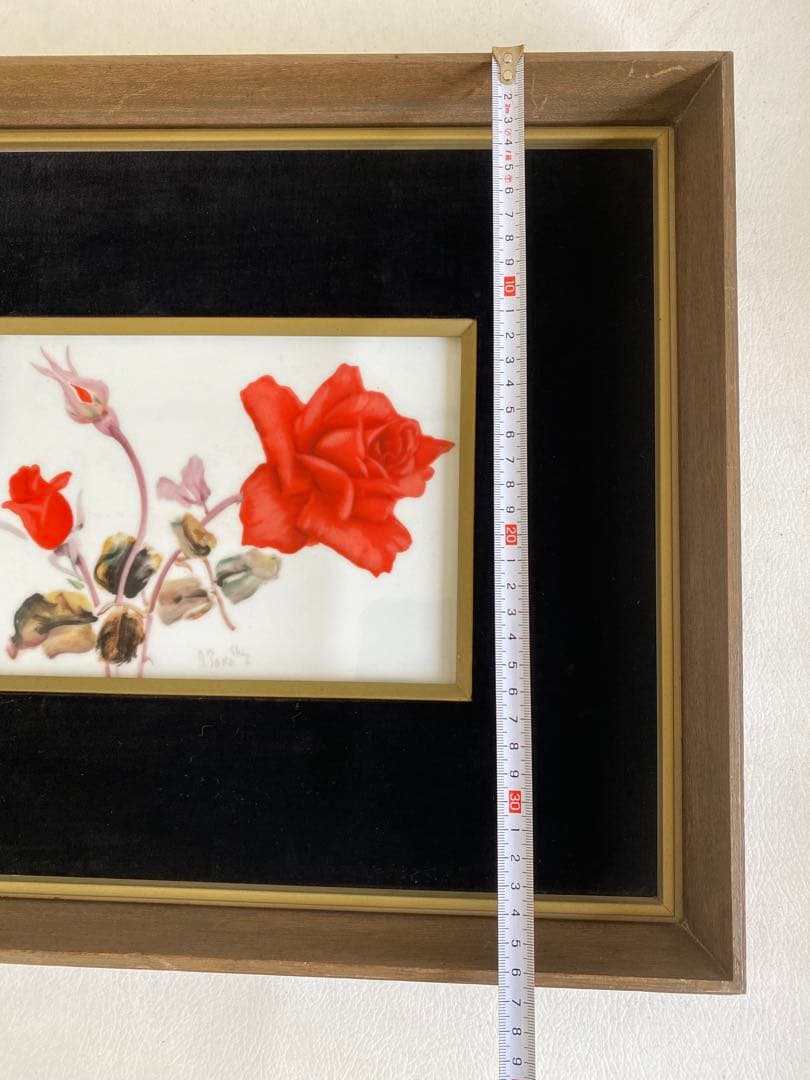 Noritake ノリタケ　陶器製額絵　赤いバラの絵画　木製フレーム