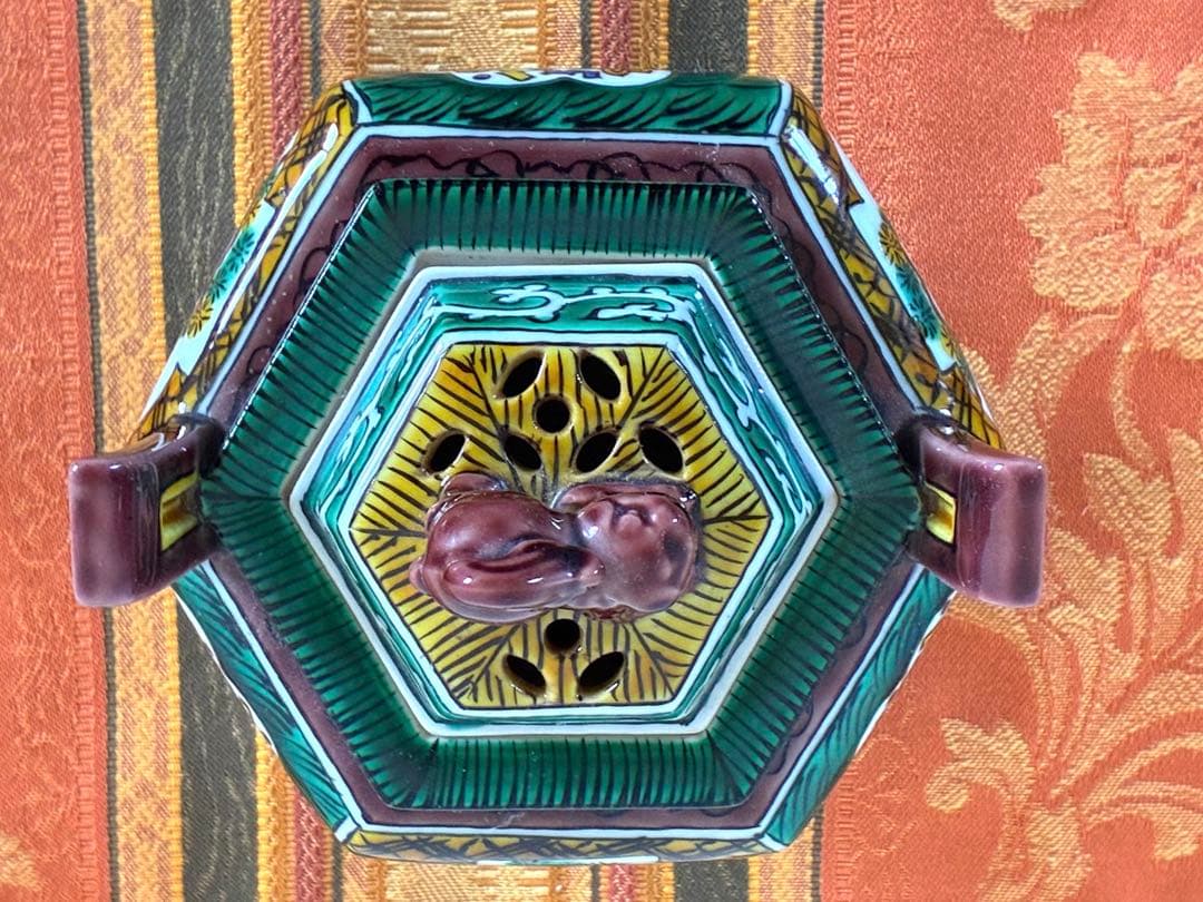 骨董＊九谷焼＊香炉＊陶器＊六角形＊獅子蓋付香炉＊年代物＊美品＊
