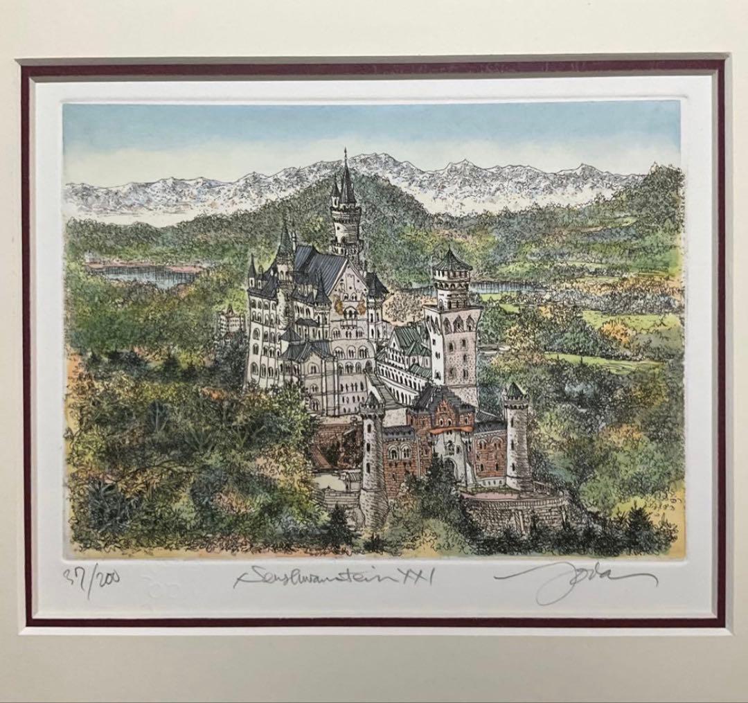 絵画・額縁・版画・織田義郎・銅版画+手彩色・ノイシュバンシュタインⅩⅩⅠ・美術品