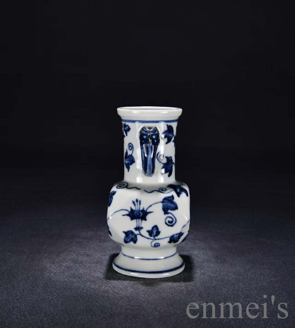 中国古美術・大明宣徳紋・青花花紋両耳瓶・花瓶・唐物・陶磁器・青花磁・朝顔紋・賞物