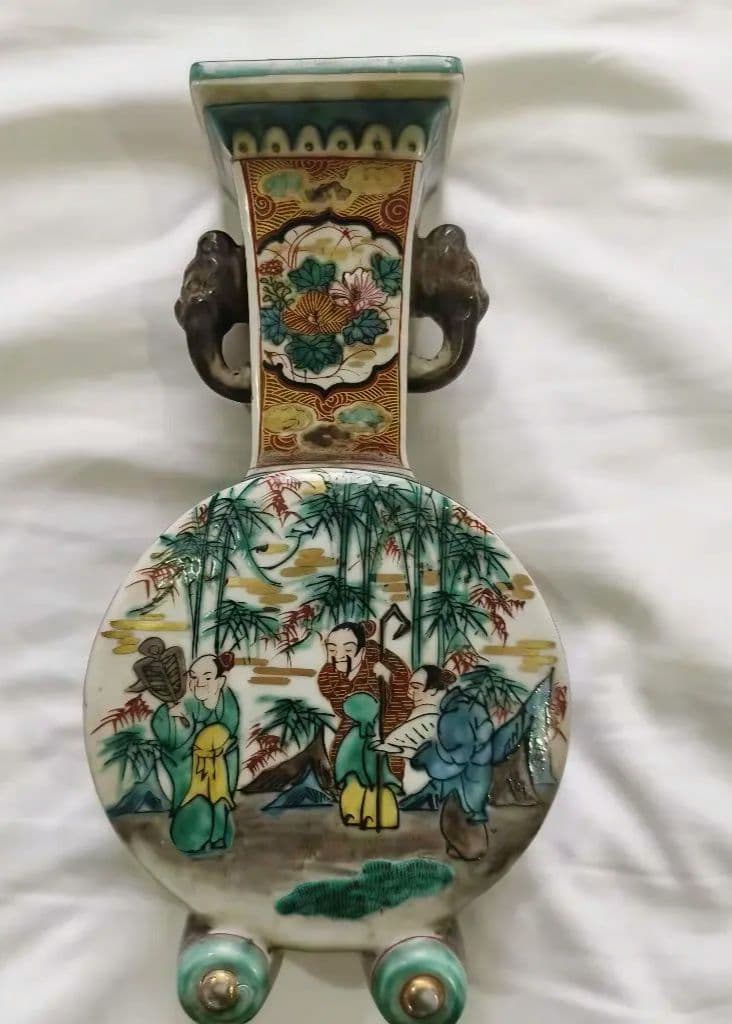 古九谷 双耳扁壷 庄三作 手描竹林人物図 古美術 時代物 蒐集家放出骨董 美品