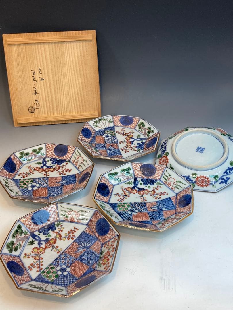 須田青華 作 色絵祥瑞八角皿５枚組 共箱 懐石料理 日本料理