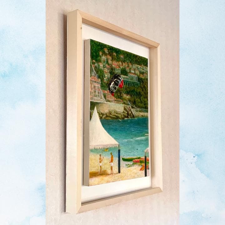 風景画/南仏リゾートの街「ニースの海辺」油絵F4 木製フレーム付き