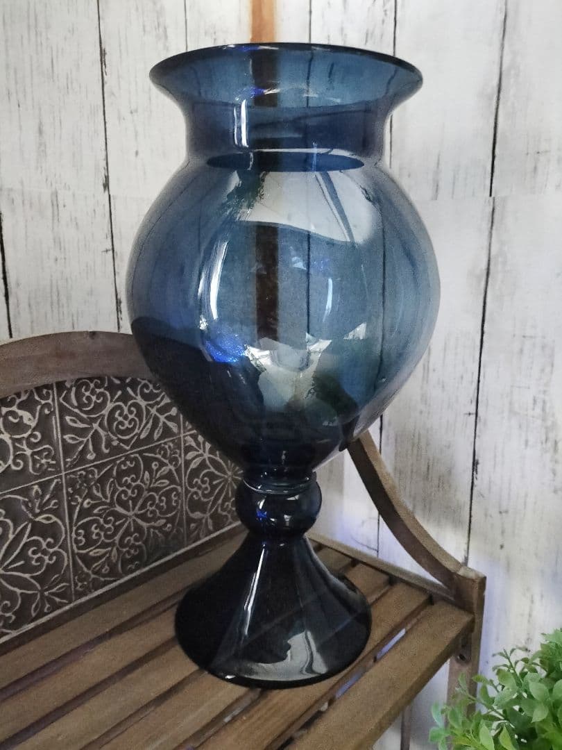 大きめ　ガラス　フラワーベース　モロッコ　ブルー36×17