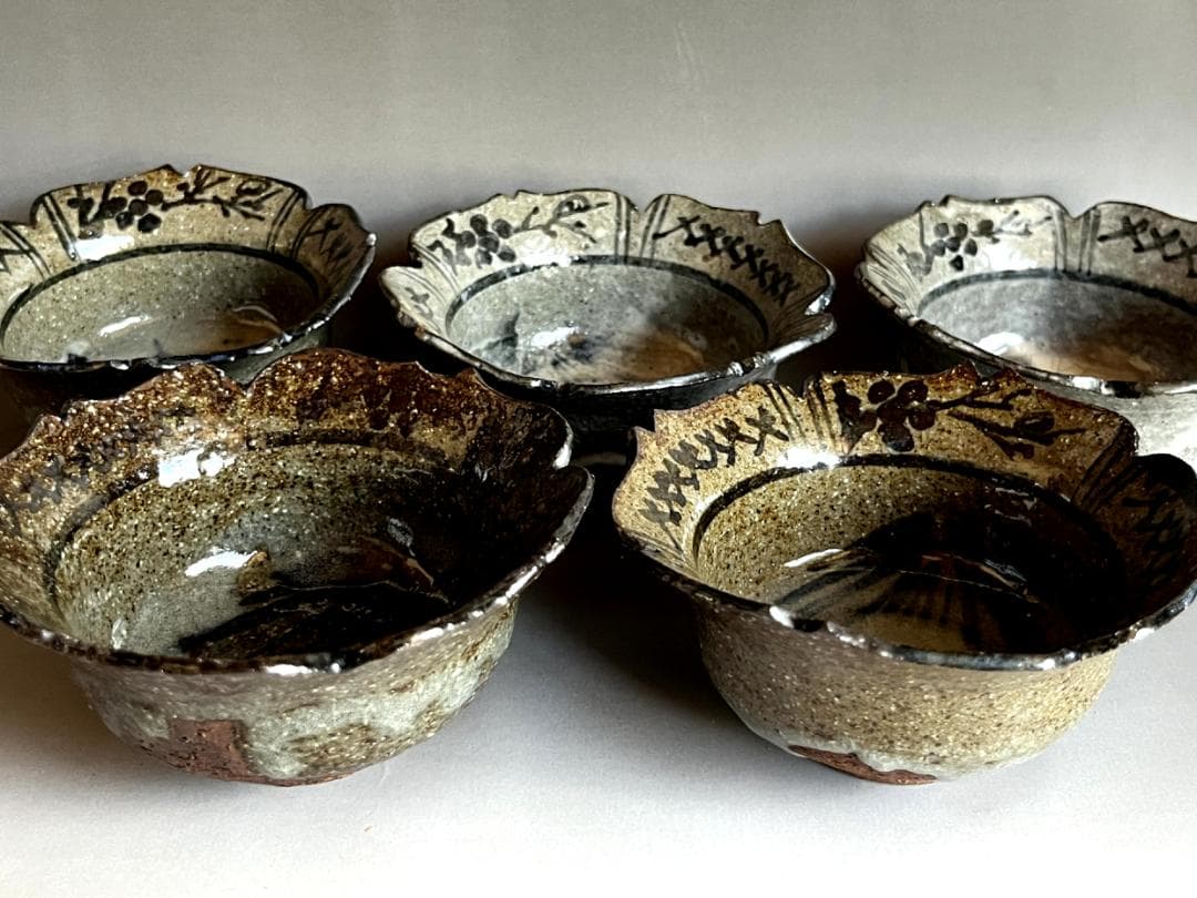 鉢■古唐津向付 5客 粉引絵唐津 菖蒲 花形 割山椒 古美術 時代物 骨董品■