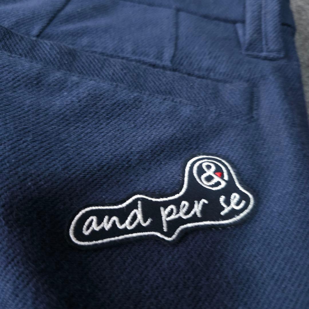アンパスィ 春 ストレッチゴルフパンツ ネイビー ロゴワッペン W85 LL