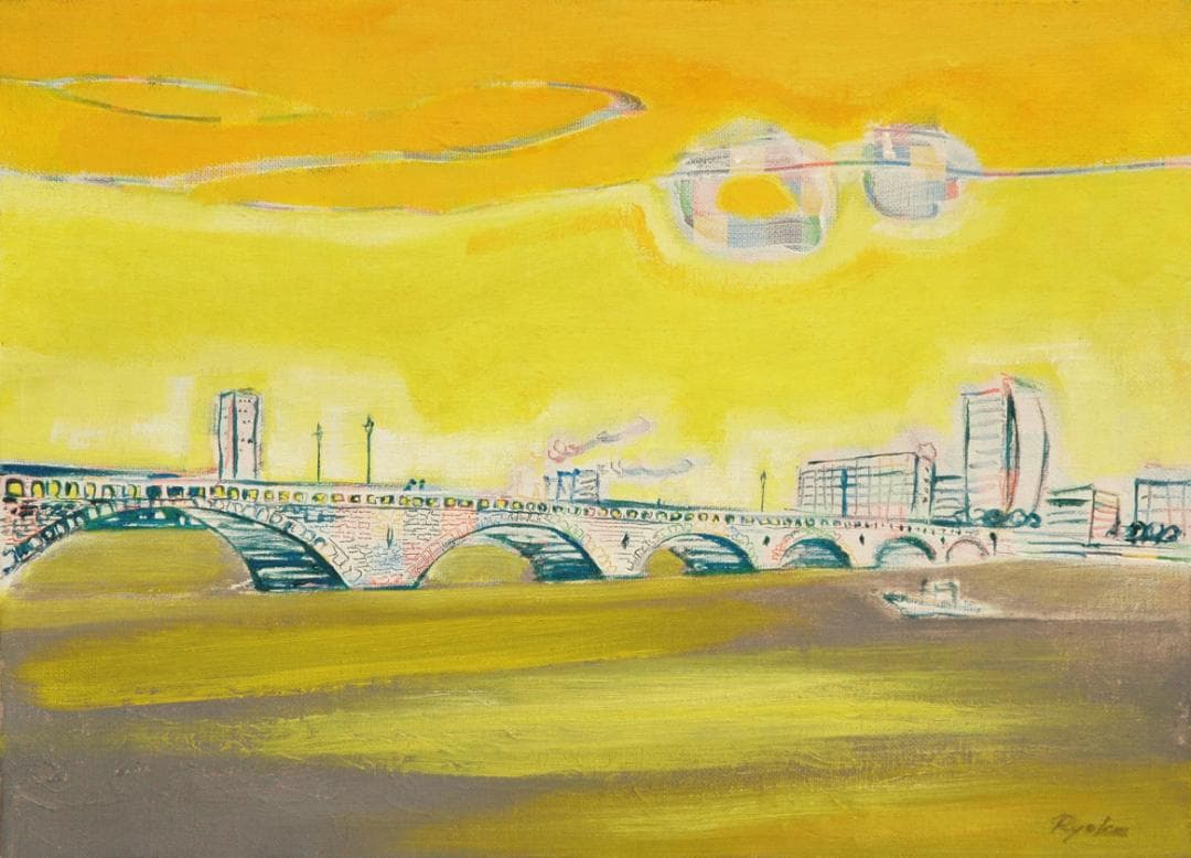 油絵 菅家令子絵画インテリア額付(青緑＋金色の枠)F4-090214風景橋夕朝陽