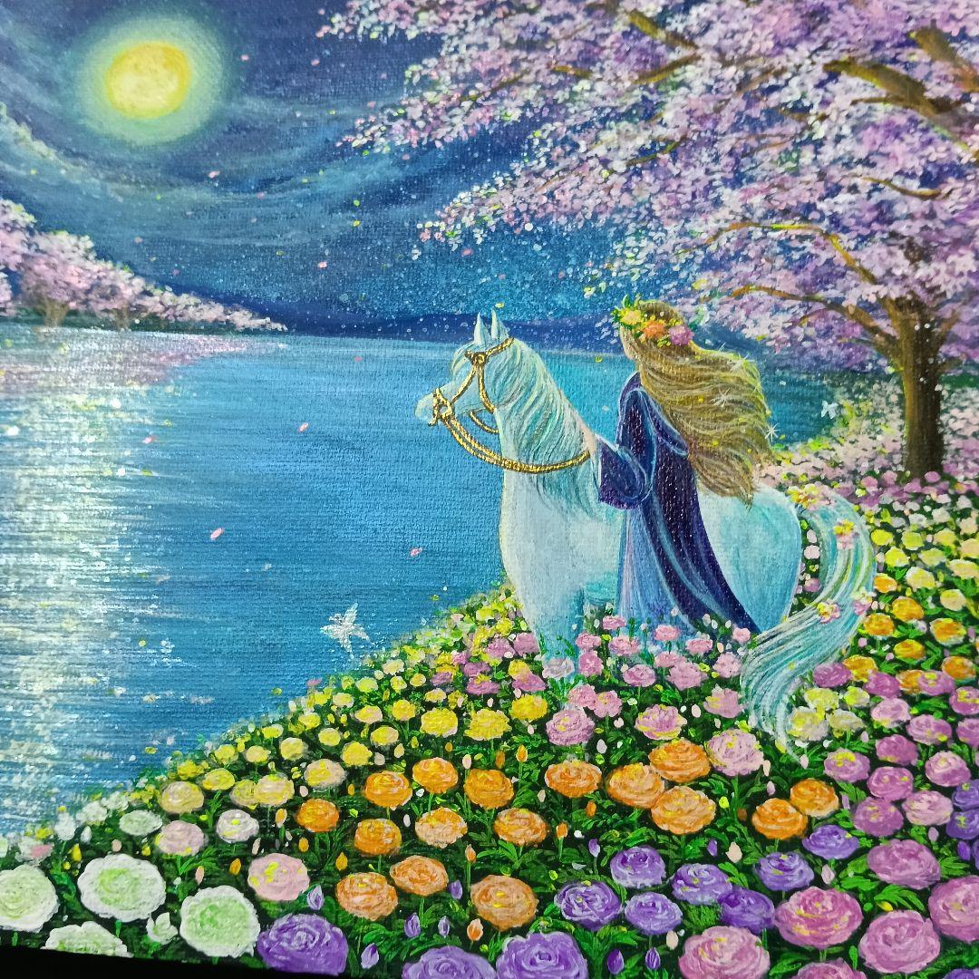 No.580 F3　エルフと白馬　ラナンキュラス　桜　風景画　アクリル画
