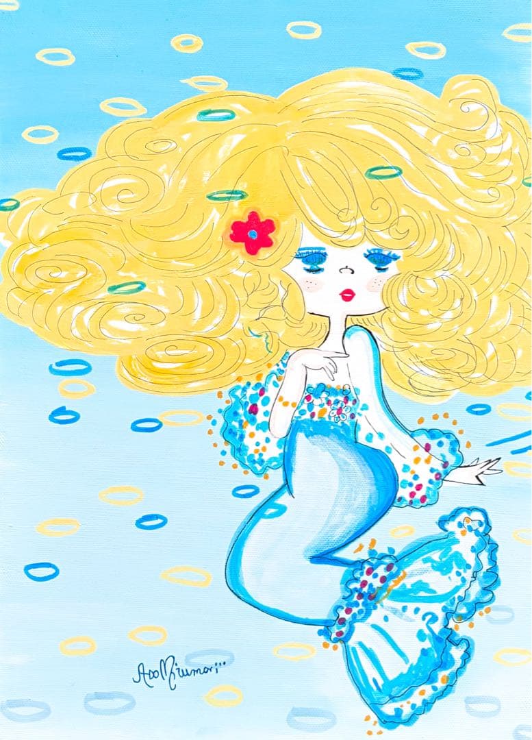 【F4号】手描き油彩画　水森亜土　額縁　新品額　サイン　人気作品　　　人魚　絵画