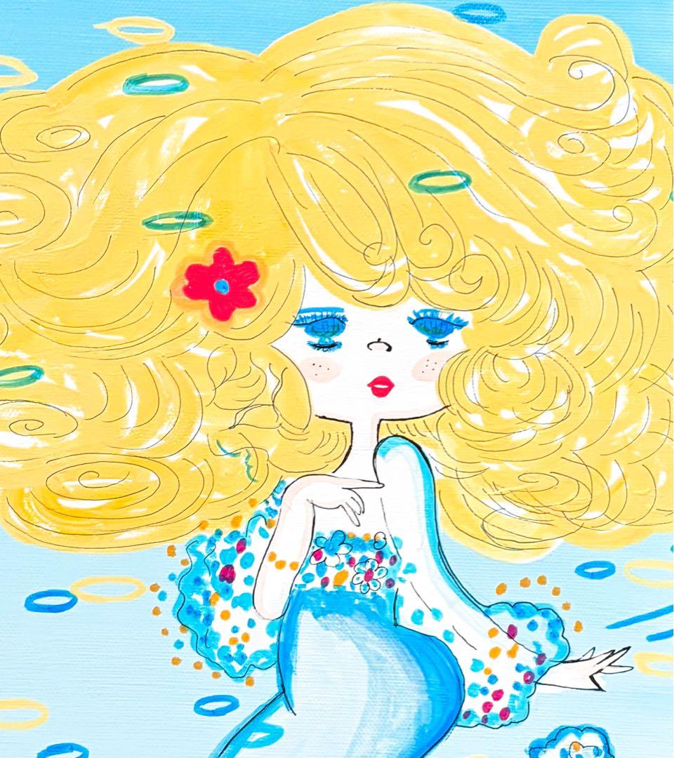 【F4号】手描き油彩画　水森亜土　額縁　新品額　サイン　人気作品　　　人魚　絵画