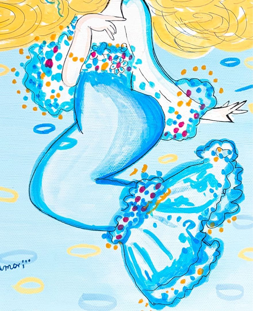 【F4号】手描き油彩画　水森亜土　額縁　新品額　サイン　人気作品　　　人魚　絵画