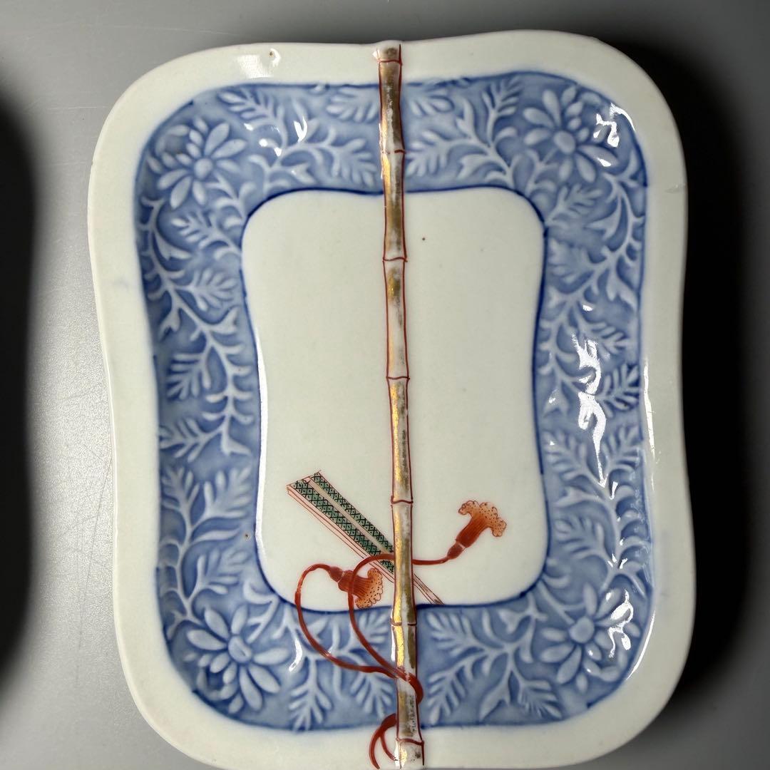 明治時代　有田焼　岩松平吾　色絵軍配形皿　五枚　角岩印　陽刻　珍品　最後の五枚！