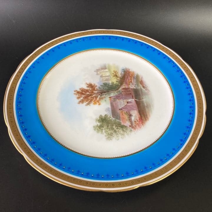 ミントン　ターコイズブルー　風景絵図飾皿　エナメル七宝金彩 金盛 プレート　大皿