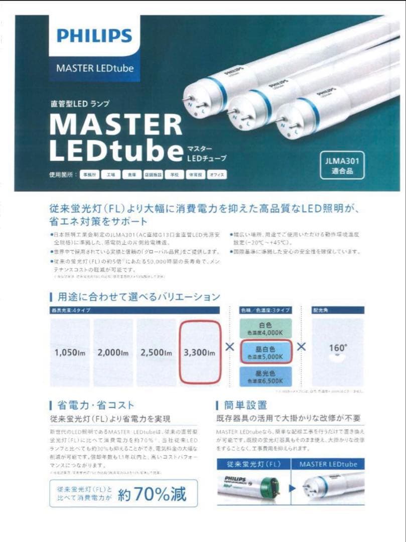 フィリップスLEDランプ40型3300lm昼白色40本