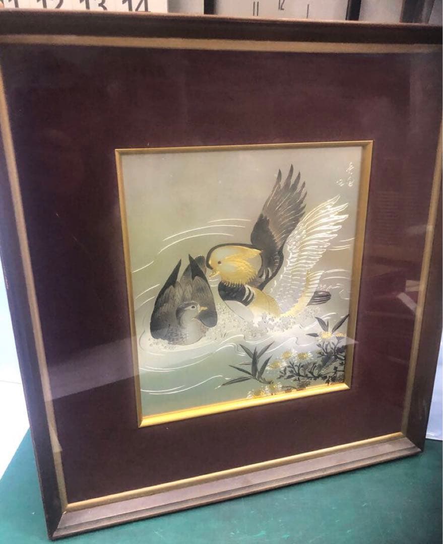 金箔 銀箔 水鳥と魚の日本画　中古品　骨董品　絵画　おしどり