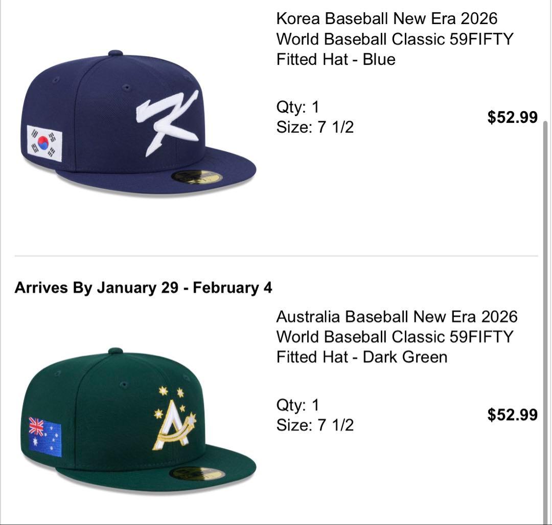 2026 WBC 韓国代表、オーストラリア代表のキャップ、帽子。